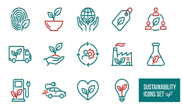 Sustainability and green ecology line icon set. Electric car, eco friendly truck, global environment, recycling loop, eco factory, laboratory flask, bio bulb and organic price tag.