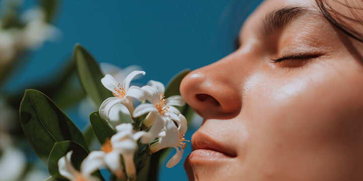 A serene woman with closed eyes breathes in the scent of blooming white flowers under bright sky.