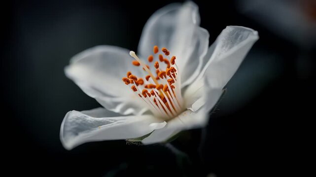 Close-up of a white flower with dark background and orange stamens