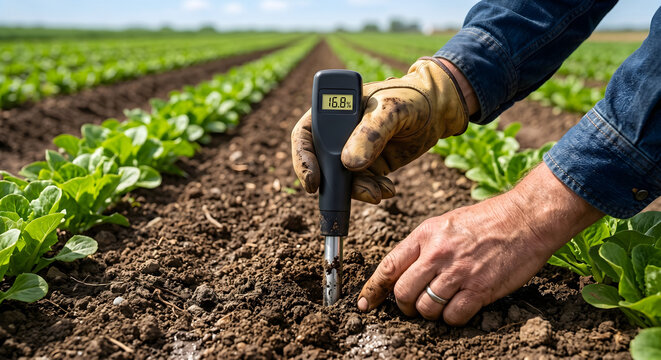Farmer tests soil moisture level with digital meter in field growing organic lettuce crops agricultural technology and sustainable farming practices.