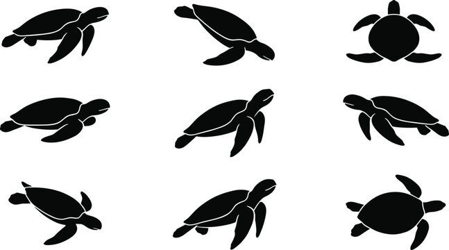 Sea turtle silhouette vector icon set. Green turtles swimming, marine reptiles, ocean flippers, tortoise stencils and aquatic wildlife graphics.