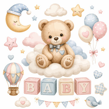 Vector Illustration Set of Baby Teddy Bear with Moon, Stars, Balloons, and Nursery Elements in Whimsical Pastel Style