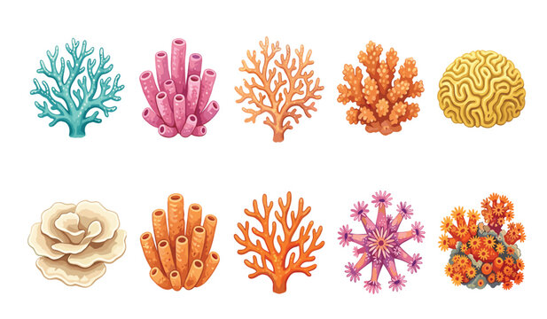 Coral reef vector marine biology illustration set. Sea anemone, polyps, tube sponge, brain coral, staghorn branches, underwater tropical ocean ecosystem, aquarium 