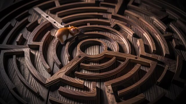 Mouse navigating through a complex wooden maze with precision