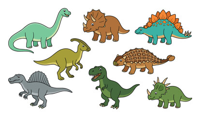 Cute dinosaur vector cartoon character set. Tyrannosaurus rex, triceratops, stegosaurus, brachiosaurus, spinosaurus, ankylosaurus, prehistoric reptile mascots and kids nursery design elements. © Creative Studio 