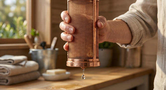 Hand holding copper mesh cylinder with water dripping from it after cleaning process.