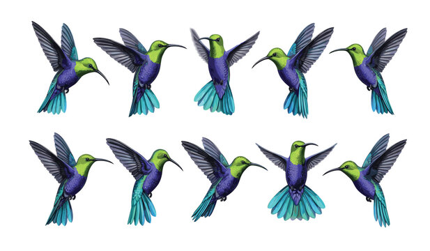 Hummingbird vector flying wild bird illustration set. Green and purple iridescent plumage, spread wings, pointed beaks, hovering positions