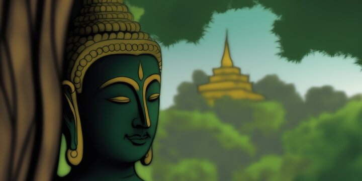 green buddha face close up with ancient temple and forest background