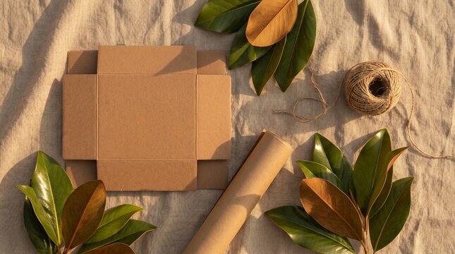 Eco-friendly packaging flat lay with cardboard box and leaves on linen fabric.