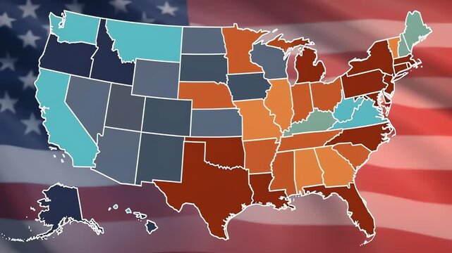 Colorful map of the United States with American flag background
