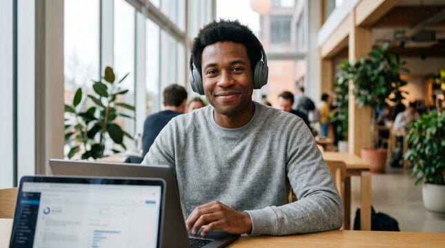 African American man with headphones working on laptop in modern office space.