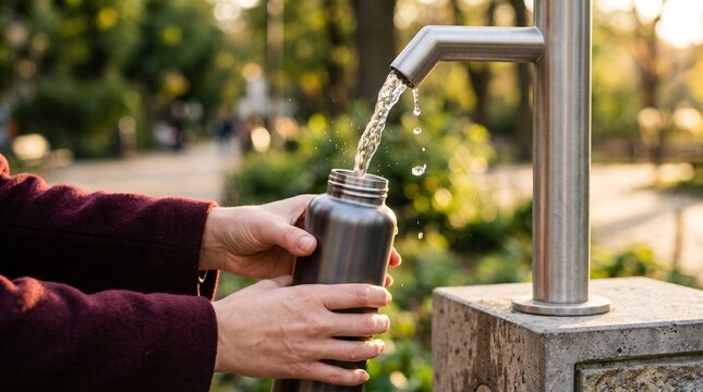 Woman filling reusable water bottle from drinking fountain in public park.