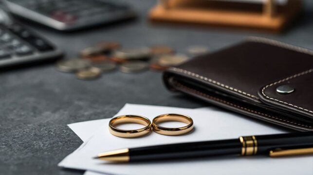 Divorce and marriage separation with gold wedding rings and wallet finance