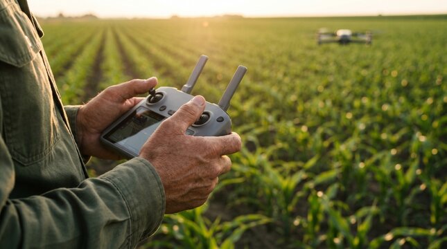 Farmer hands holding remote controller to fly drone over green agricultural field.