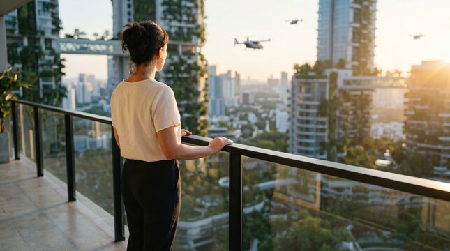 Woman looking from balcony at futuristic sustainable city with flying drones.