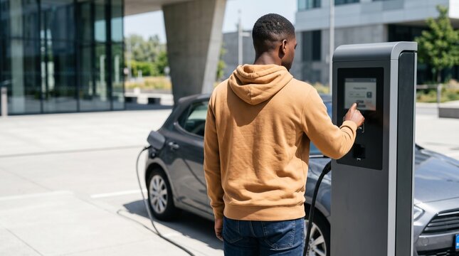 African American man using touch screen to charge electric vehicle in parking lot