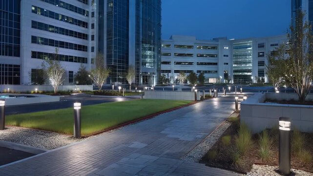 Contemporary corporate architecture featuring glass facades and an urban landscaped park area, brightly lit with bollard lights and upward facing spotlights on trees in the evening