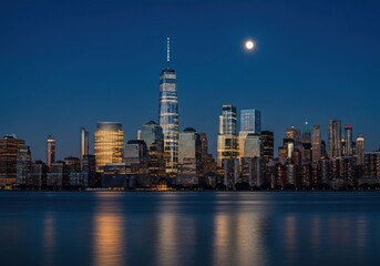 Fototapeta premium New york city skyline at night with skyscrapers and moon reflecting in water across the river
