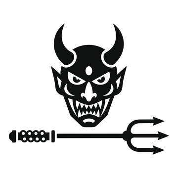 Devil head with horns and trident on white background icon
