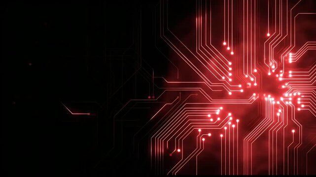 Glowing red circuit board powering on with light energy spreading across electronic chip