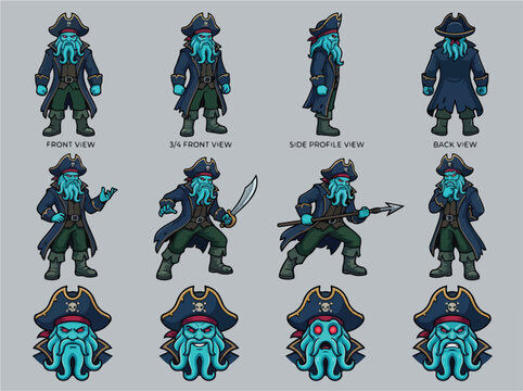Cartoon blue pirate character poses.