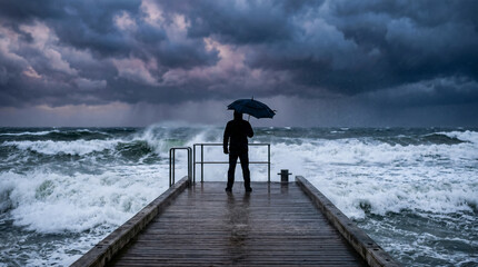 Fototapeta premium Silhouette of a Person Standing Under an Umbrella on a Pier Overlooking a Dark Turbulent Ocean Storm 