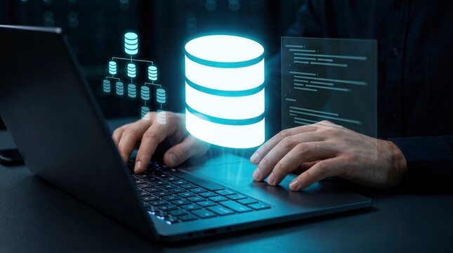 Database Architecture and SQL Development Concept, Developer Working on Laptop with Glowing Database Icon, Hierarchical Structure and Code Interface Hologram