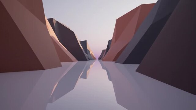 Minimalist geometric canyon reflected in still water at sunset