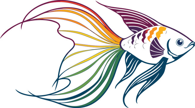 Colorful illustration of a rainbow tail betta fish swimming right