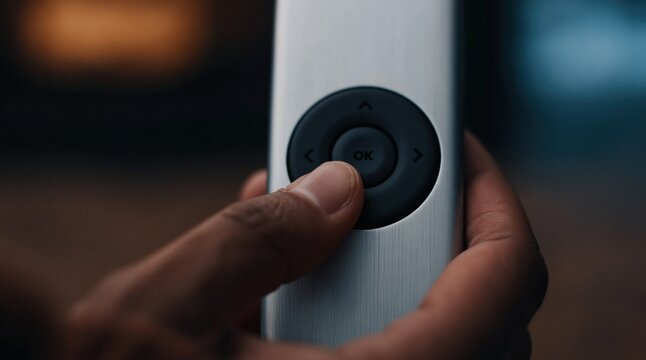 Remote control technology in hand with thumb pressing smart home device button