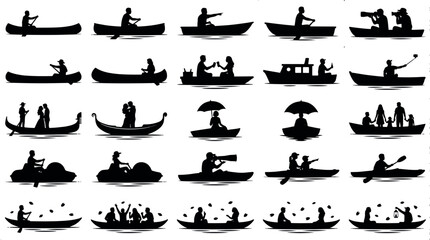 Cherry Blossom Boat Festival Silhouettes Sets Pack, Editable Vectors Strokes Illustrations. containing silhouette, boat, canoe, kayak, water, people, row and mores Cherry Blossom Festivals silhouettes © MasterTech
