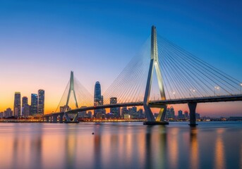 Obraz premium Modern suspension bridge over river with city skyline in the background during a beautiful sunset