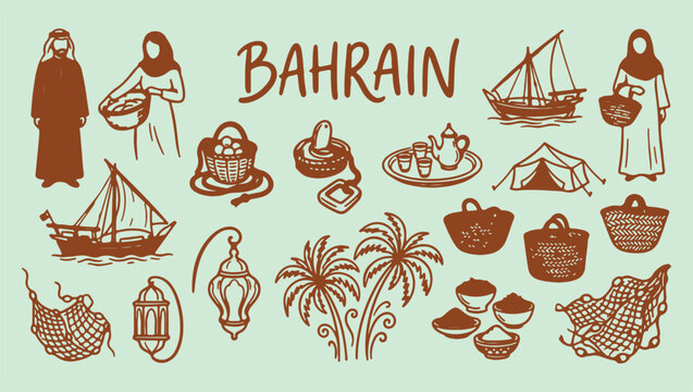 Bahrain travel middle east doodle, traditional arabian culture sketch, minimalist desert heritage art, clean regional illustration, premium national lifestyle design, iconic folk symbols, isolated cul
