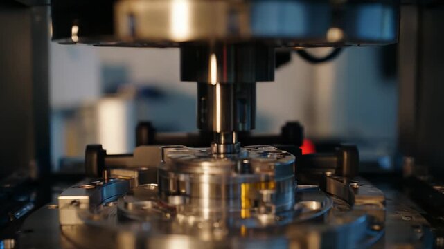 Industrial computer numerical control machine performing precision machining operations on a metal part, producing components for modern manufacturing and engineering processes
