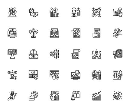 Investment icon set. Minimal thin line vector icons. Financial icon pack. Featuring Revenue, Loan, Investment, Businessman, Growth, Graph, Analytics, Investor, Stats and more. Editable stroke.
