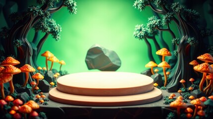 Obraz premium Magical forest scene. Round platform center stage. Mushrooms illuminate dark environment. Dramatic lighting creates fantasy mood.