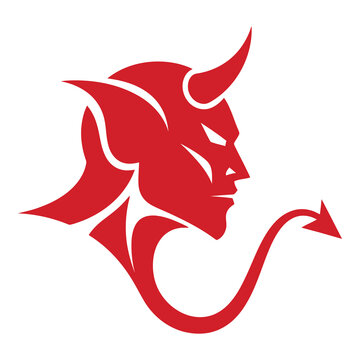 Red devil head silhouette with horns and tail profile view icon