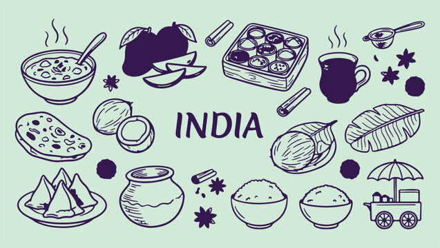 India travel food culture, traditional curry spices sketch, minimalist culinary lifestyle art, clean indian travel vector, premium national design asset, iconic heritage symbols, isolated regional ele