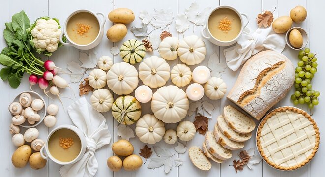Autumnal still life with soup bowls and various seasonal foods on white wooden table