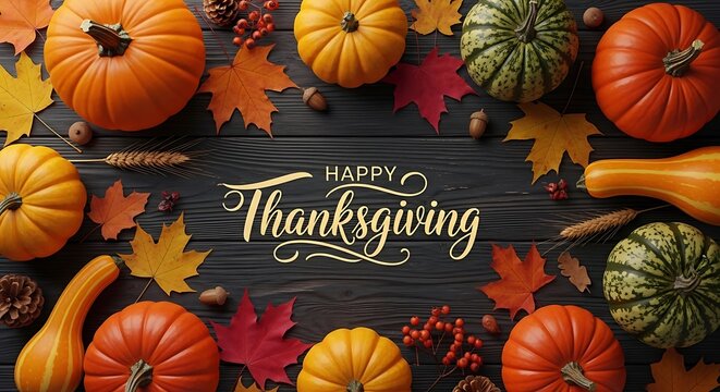 Autumnal Thanksgiving celebration with pumpkins and fall leaves on wooden table