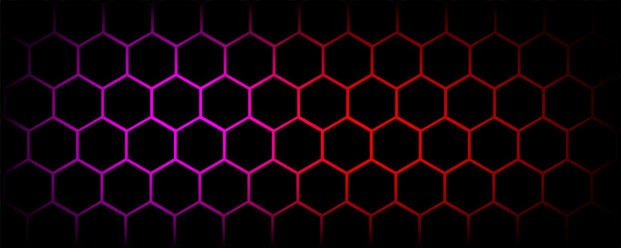 Dark gray and red horizontal hexagonal technology abstract vector background. red bright energy flashes under hexagon in futuristic modern technology wide banner. Dark gray honeycomb texture grid.