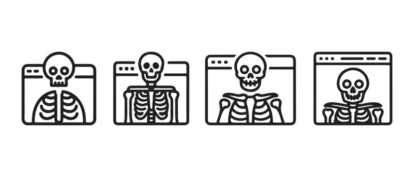 Set of four simple line icons showing human skull and skeleton inside computer browser windows for medical and health website design and digital interface.