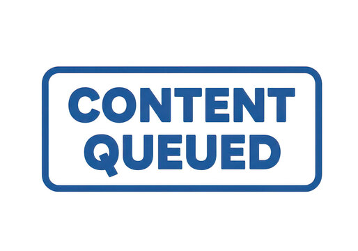 Blue rectangular stamp with the text queued in bold sans serif font for digital workflow management and task processing isolated on a transparent background