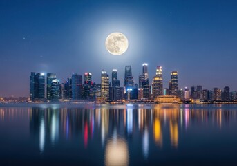 Naklejka premium Night city skyline with tall buildings and bright full moon reflecting in the calm water surface