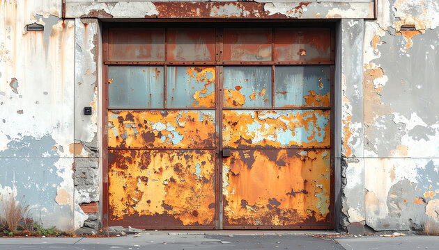 Weathered rusty door against peeling wall architectural decay and texture