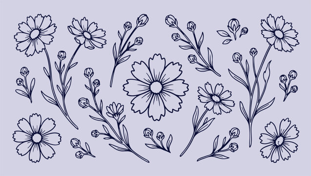Spring ditsy floral pattern, small flower blossoms repeat, seamless meadow plant design, minimal line art, clean modern textile, isolated monoline vector, premium graphic texture, nature aesthetic pat