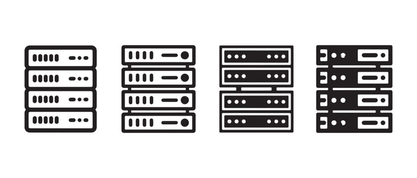 Set of four server rack icons representing data storage and network infrastructure in simple flat design style.