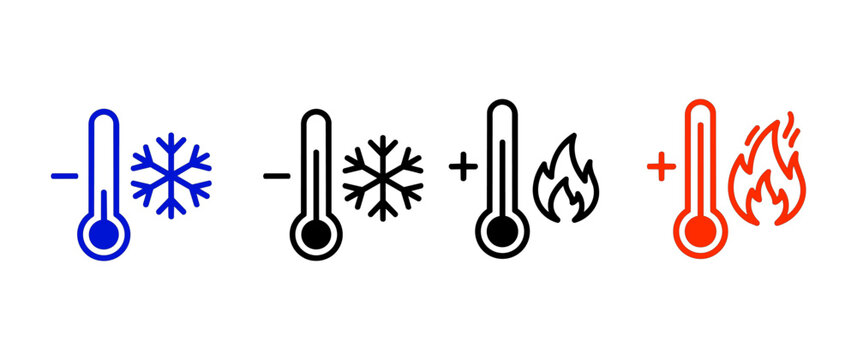 Temperature icons with thermometer and snowflake symbols for cold and hot weather conditions illustrated in blue and red colors