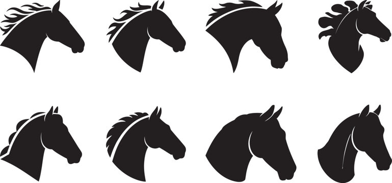 Horse head silhouette vector set, collection of 8 black stallion profile icons, elegant equestrian mascot designs in minimalist style, professional equine logo elements for horse farms, riding clubs, 