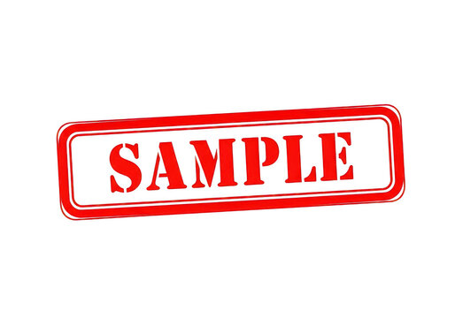 Bright red rectangular rubber stamp with the word sample written in bold capital letters, used for document marking and product demonstration isolated on a transparent background